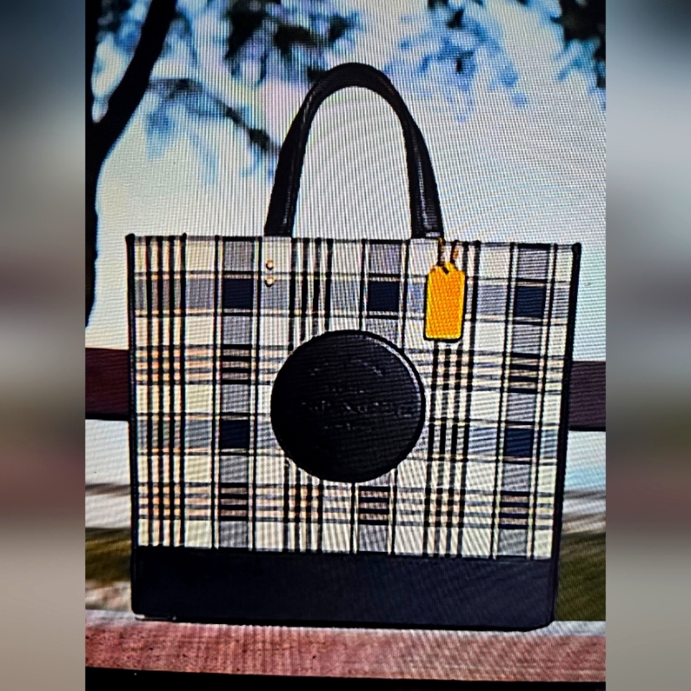 AUTHENTIC  Coach Plaid Tote Bag - Navy , Cream and Yellow